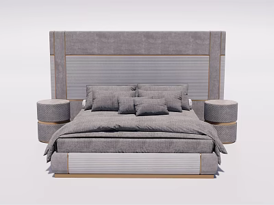 Modern Double Bed with Gray Striped Headboard Gold Trim Side Nightstands Cozy Design 3d model
