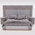 Modern Double Bed with Gray Striped Headboard Gold Trim Side Nightstands Cozy Design