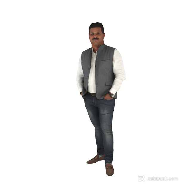 Man In Grey Vest White Shirt Blue Jeans And Brown Shoes 3d model 