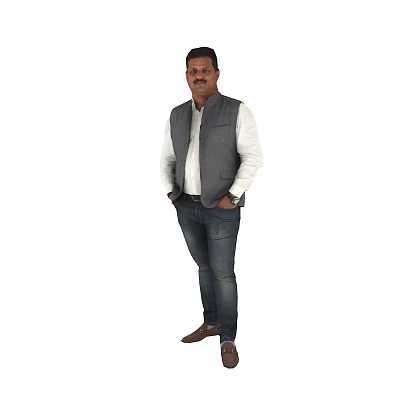 Man In Grey Vest White Shirt Blue Jeans And Brown Shoes 3d model