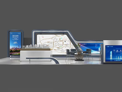 Modern Exhibition Booth With Digital Screens Map Display And Reception Desk 3d model