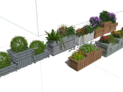 Decorative Garden Flower Pots With Various Plants And Colorful Flowers In Wooden Stone Planters 3d model