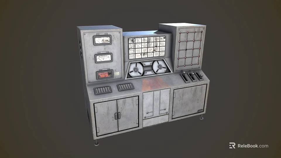 Industrial Equipment Control Panel With Metal Frame Gauges Buttons And Storage Cabinets 3d model 