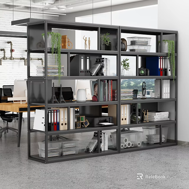 Modern Multi Tiered Office Storage Shelving With Books Folders Plants And Supplies 3d model 