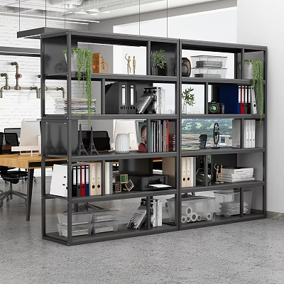 Modern Multi Tiered Office Storage Shelving With Books Folders Plants And Supplies 3d model