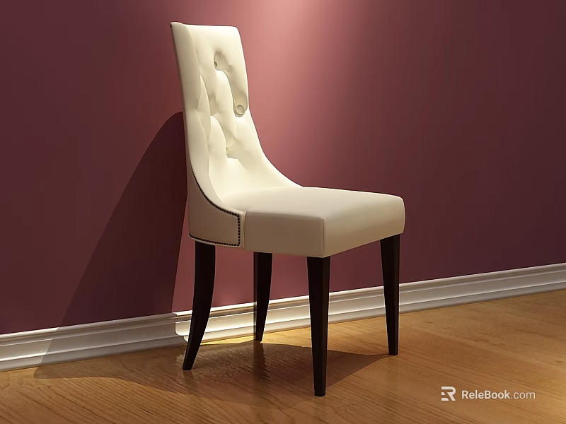 White Tufted Back Dining Chair With Dark Wooden Legs Against Purple Wall And Wooden Floor 3d model 