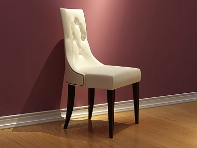 White Tufted Back Dining Chair With Dark Wooden Legs Against Purple Wall And Wooden Floor 3d model
