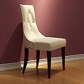 White Tufted Back Dining Chair With Dark Wooden Legs Against Purple Wall And Wooden Floor