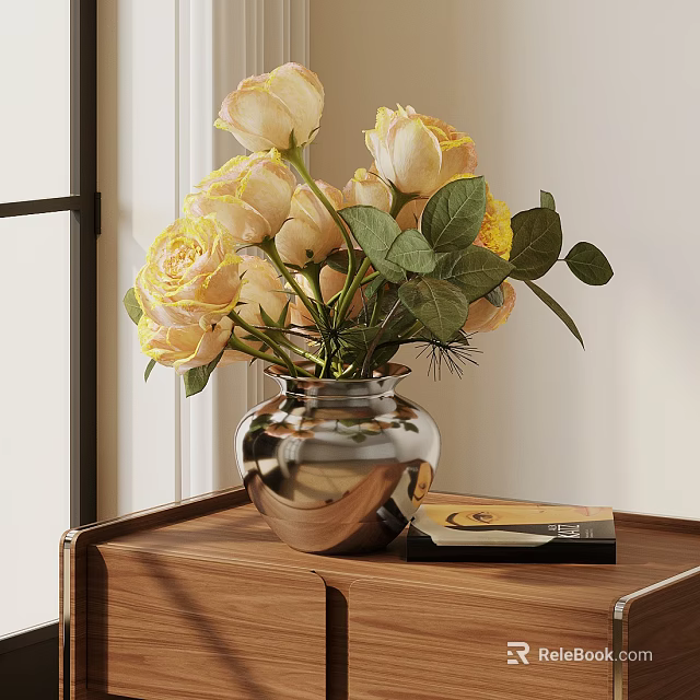 Metallic Silver Vase With Pale Yellow Roses And Green Leaves On Wooden Table With Books 3d model 