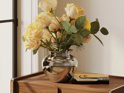 Metallic Silver Vase With Pale Yellow Roses And Green Leaves On Wooden Table With Books 3d model