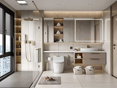 Modern Bathroom Interior Design With Large Mirror Storage Cabinets Vanity Toilet Rug And Woven Baskets 3d model