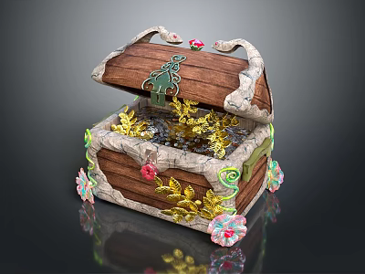 Open Decorated Wooden Treasure Chest With Gold Coins And Colorful Flower Vines Leaves 3d model