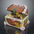 Open Decorated Wooden Treasure Chest With Gold Coins And Colorful Flower Vines Leaves