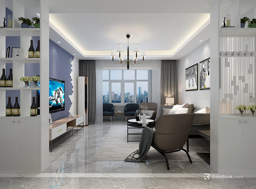 Modern Living Room Interior With TV Chandelier Sofa Window City View And Decorative Paintings 3d model 