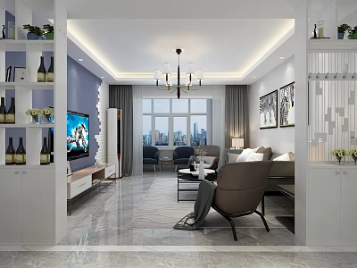 Modern Living Room Interior With TV Chandelier Sofa Window City View And Decorative Paintings 3d model