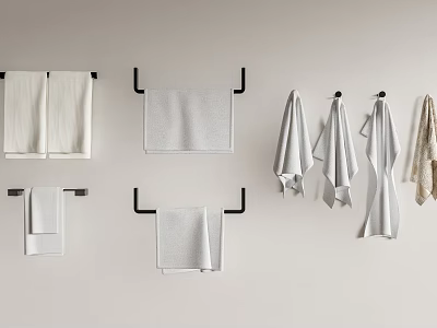 Various Styles Towels White Light Gray Beige Patterned on Black Hooks Mounted White Wall 3d model