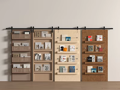 Multiple Modern Barn Doors With Various Wood Finishes Displaying Books And Decorative Items 3d model