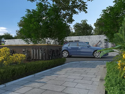 Blue Car Parked On Stone Pathway Surrounded By Green Trees Stone Wall And Yellow Flowers 3d model