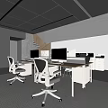 Modern Office Interior With Wooden Desks Computers Ergonomic Chairs And White Cabinets