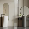 Modern Luxury Bathroom Interior With White Sink Round Mirror Gray Console Plants And Decorative Painting