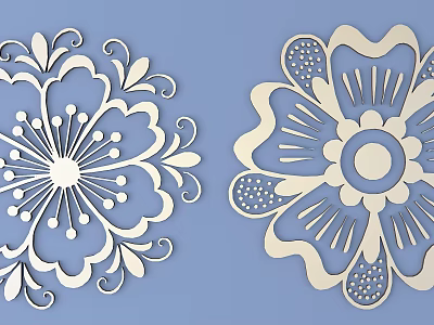 Intricate White Carved Floral Patterns On Blue Background With Detailed Petals And Curves 3d model