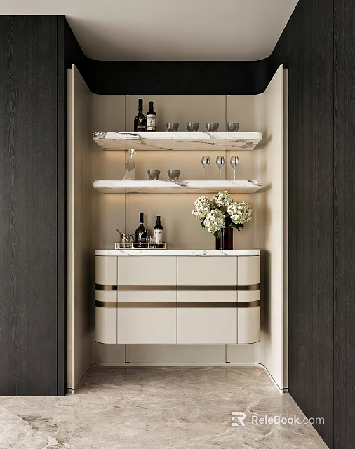 Modern Sideboard With Marble Countertop Shelves Wine Bottles Wine Glasses And Flowers 3d model 