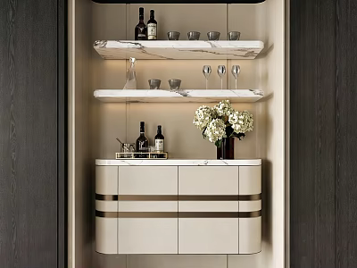 Modern Sideboard With Marble Countertop Shelves Wine Bottles Wine Glasses And Flowers 3d model