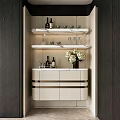 Modern Sideboard With Marble Countertop Shelves Wine Bottles Wine Glasses And Flowers