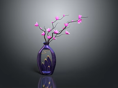 Elegant Purple Vase With Pink Blooms And Gold Mountain Pattern On Dark Background With Reflection 3d model