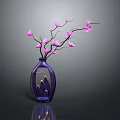 Elegant Purple Vase With Pink Blooms And Gold Mountain Pattern On Dark Background With Reflection