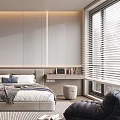 Elegant Modern Bedroom Interior With Bed Wardrobe Nightstand Rug Armchair And Pendant Lighting Blinds