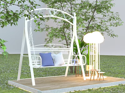 White Metal Frame Swing Chair In Garden With Blue White Cushions And Floor Lamp 3d model