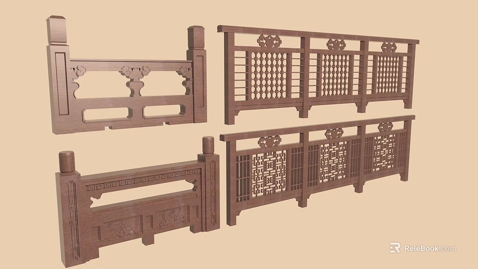 Decorative Wooden Railings With Carved Designs Lattice Patterns And Ornate Traditional Details 3d model 