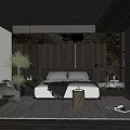 Modern Dark Bedroom With Wooden Panel Wall Marble Accents King Bed Armchair And Potted Plant