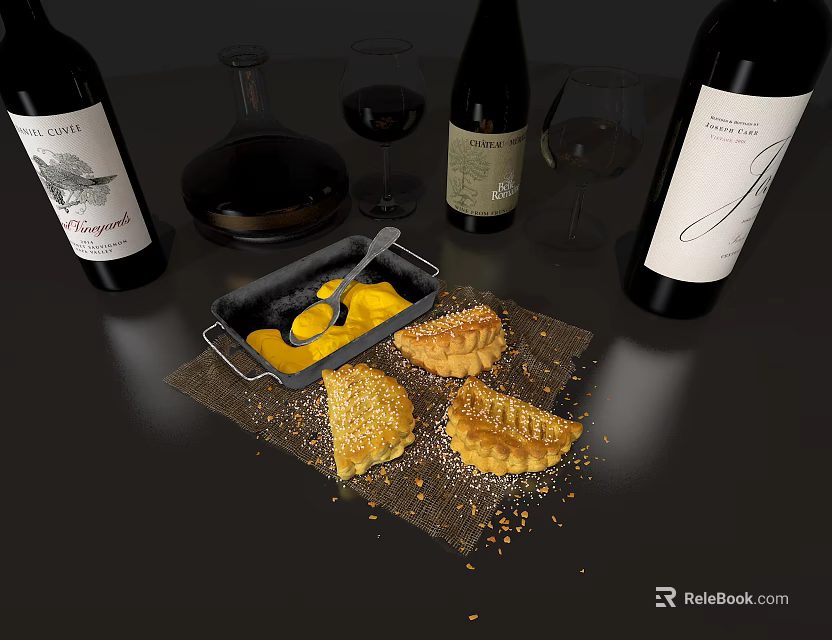 Golden Sesame Pastries with Yellow Sauce in Baking Dish Alongside Red Wine Bottles and Glasses 3d model 