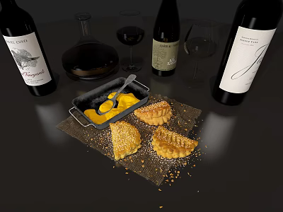 Golden Sesame Pastries with Yellow Sauce in Baking Dish Alongside Red Wine Bottles and Glasses 3d model