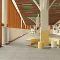 Elevator Corridor In Bright Space With Art Columns And Displays