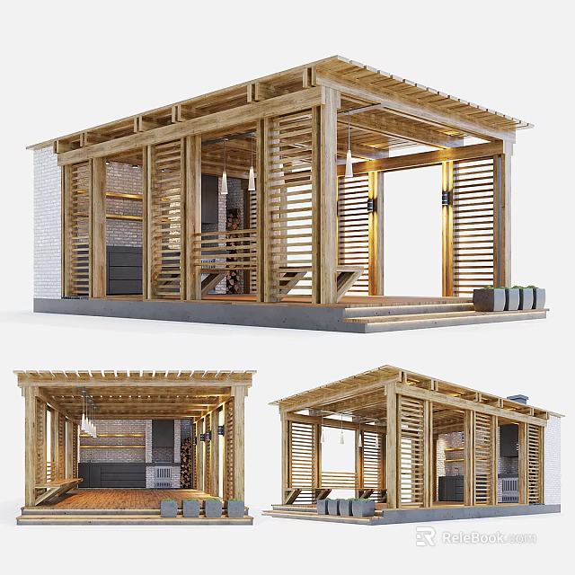 Wooden Garden Pavilion With Open Lattice Structure And Cozy Seating Space 3d model 