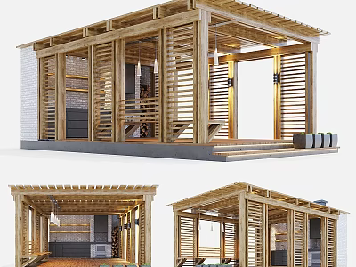 Wooden Garden Pavilion With Open Lattice Structure And Cozy Seating Space 3d model