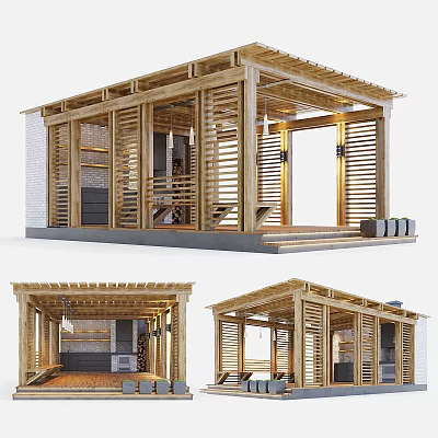Wooden Garden Pavilion With Open Lattice Structure And Cozy Seating Space 3d model