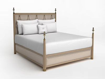 Elegant Double Bed With Wooden Frame Decorative Posts And White Mattress Pillows 3d model