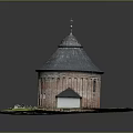 Circular Red Brick Building Model With Dome Roof Cross And Green Grass