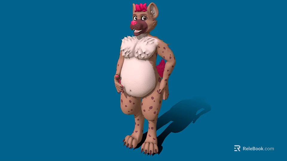 Cartoon Spotted Character With Pink Ears Tail White Chest Fur Standing On Blue Background 3d model 
