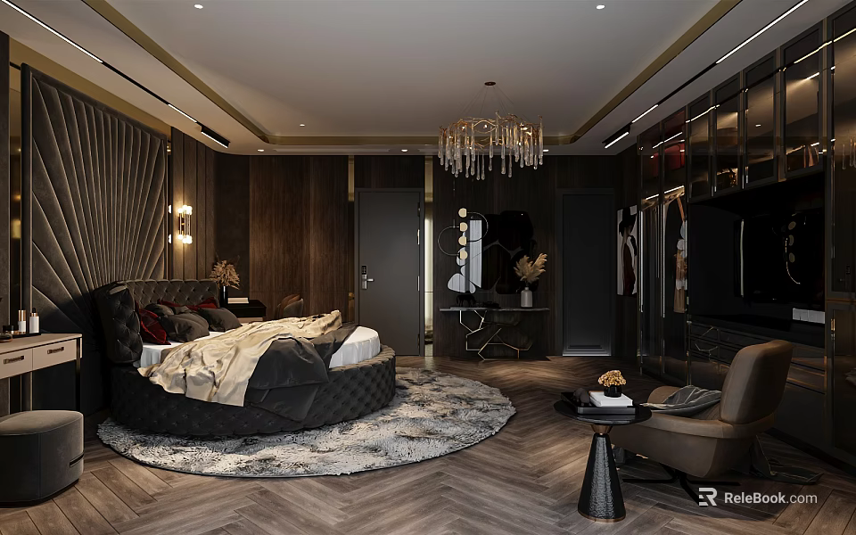 Modern Bedroom Interior With Round Bed Furry Rug Crystal Chandelier And Wooden Wardrobe 3d model 