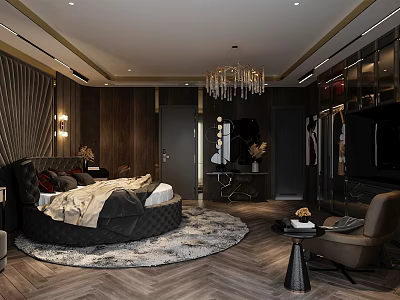 Modern Bedroom Interior With Round Bed Furry Rug Crystal Chandelier And Wooden Wardrobe 3d model