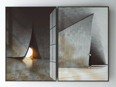 Dual Panel Modern Artwork With Concrete Textured Walls And Circular Light Effect 3d model