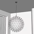 Spherical Metal Frame Chandelier With Small Bulbs Hanging Over White Walls And Window Blinds