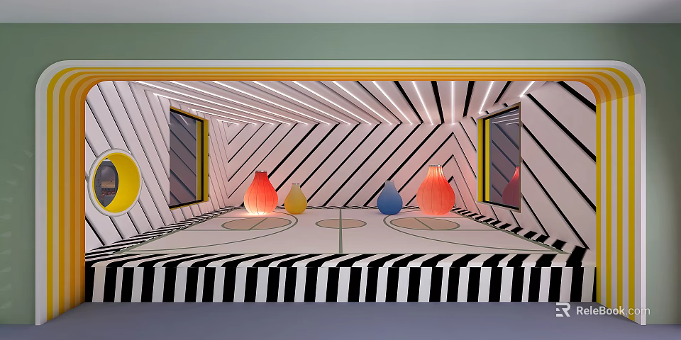 Artistic Playground Featuring Black White Striped Walls Floors Colorful Cones Yellow Bordered Windows Circular Decorations 3d model 