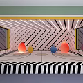 Artistic Playground Featuring Black White Striped Walls Floors Colorful Cones Yellow Bordered Windows Circular Decorations