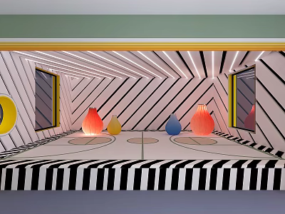 Artistic Playground Featuring Black White Striped Walls Floors Colorful Cones Yellow Bordered Windows Circular Decorations 3d model